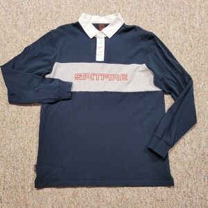 Spitfire Rugby Shirt Men Large Navy Blue Grey Embroidered Skate Streetwear